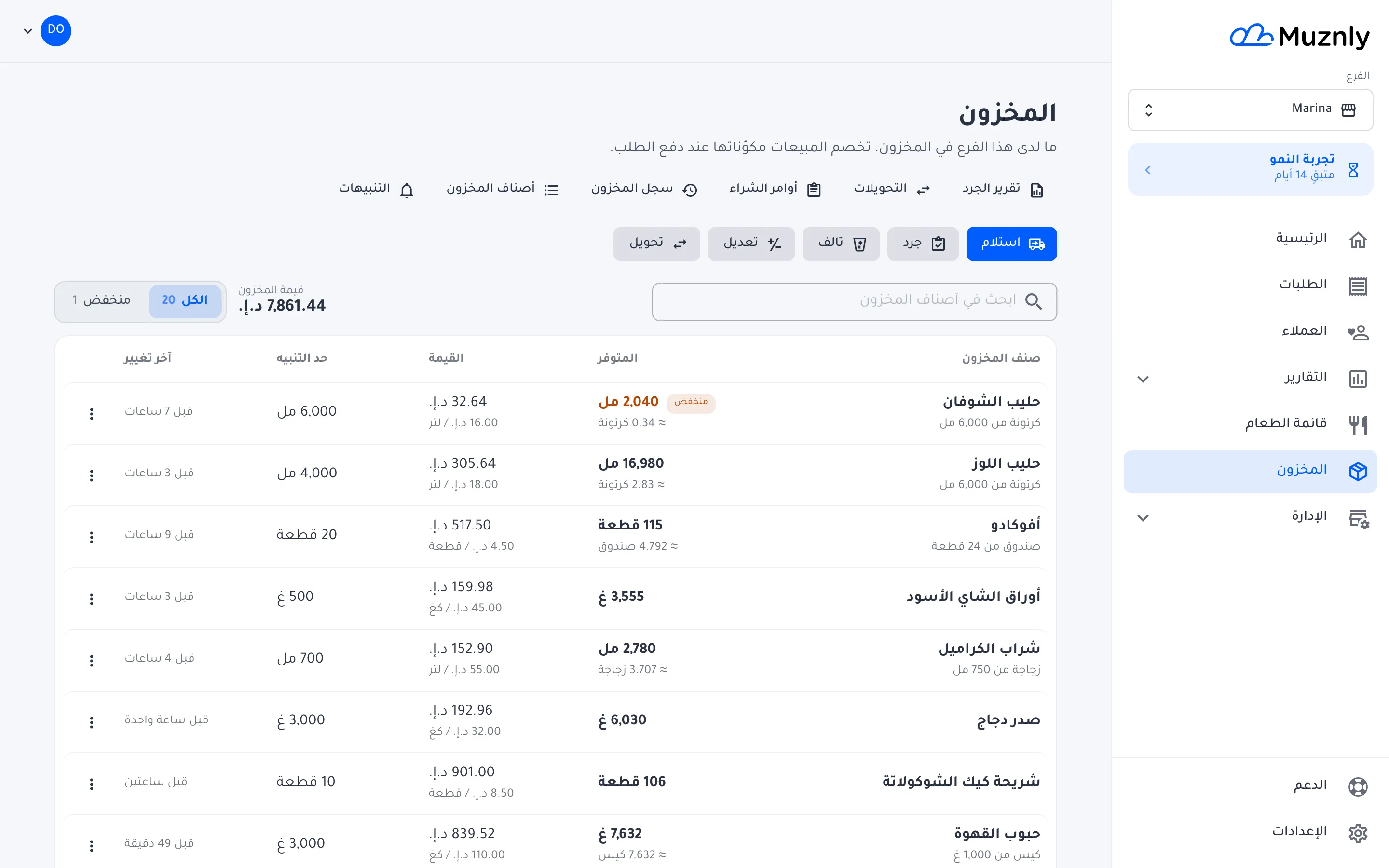 صفحة المخزون في لوحة إدارة Muznly: قيمة المخزون، والأصناف المنخفضة أولًا، وأزرار الاستلام والجرد والهدر والتحويل