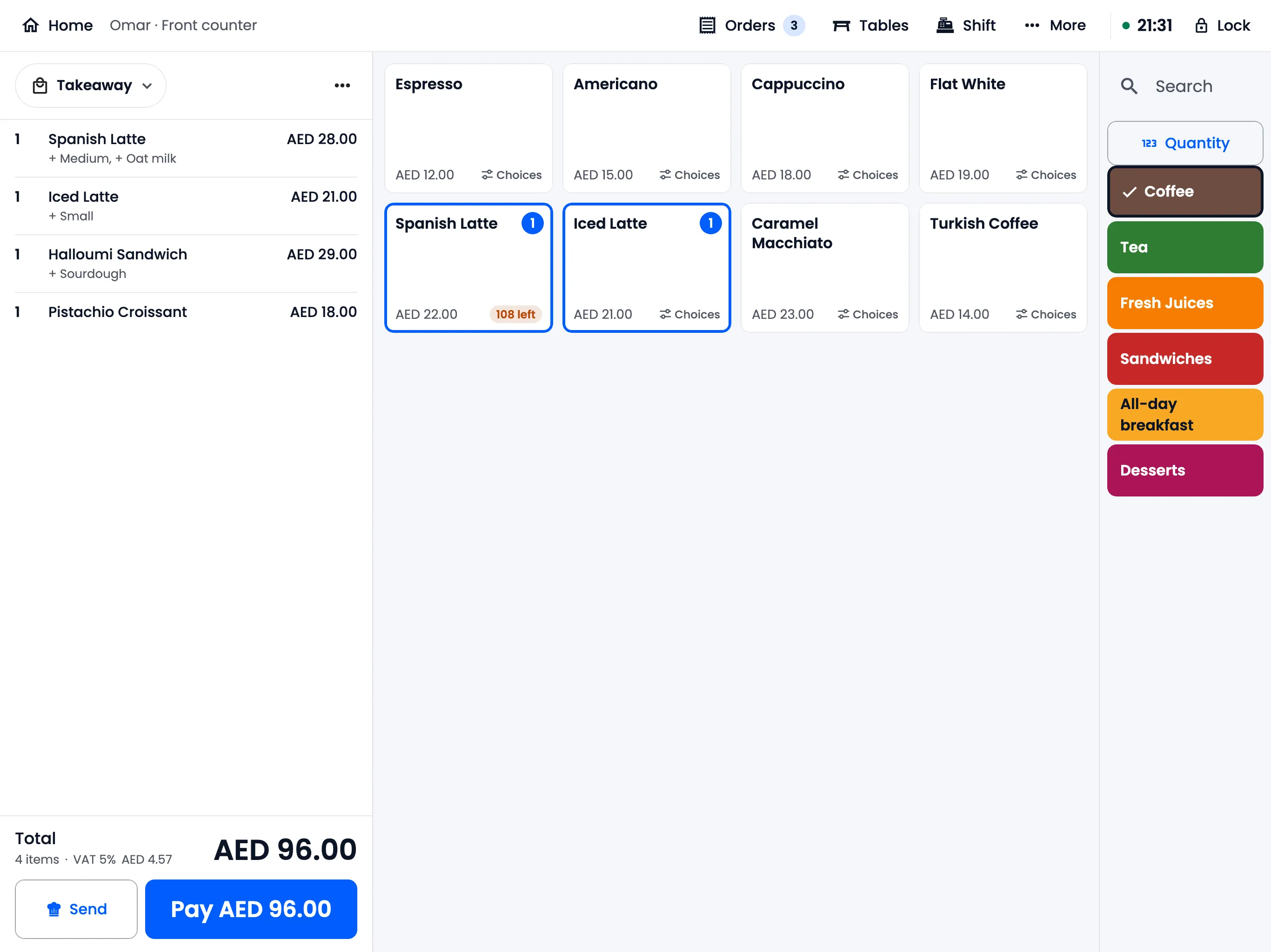 The Muznly till app taking an order at a demo café